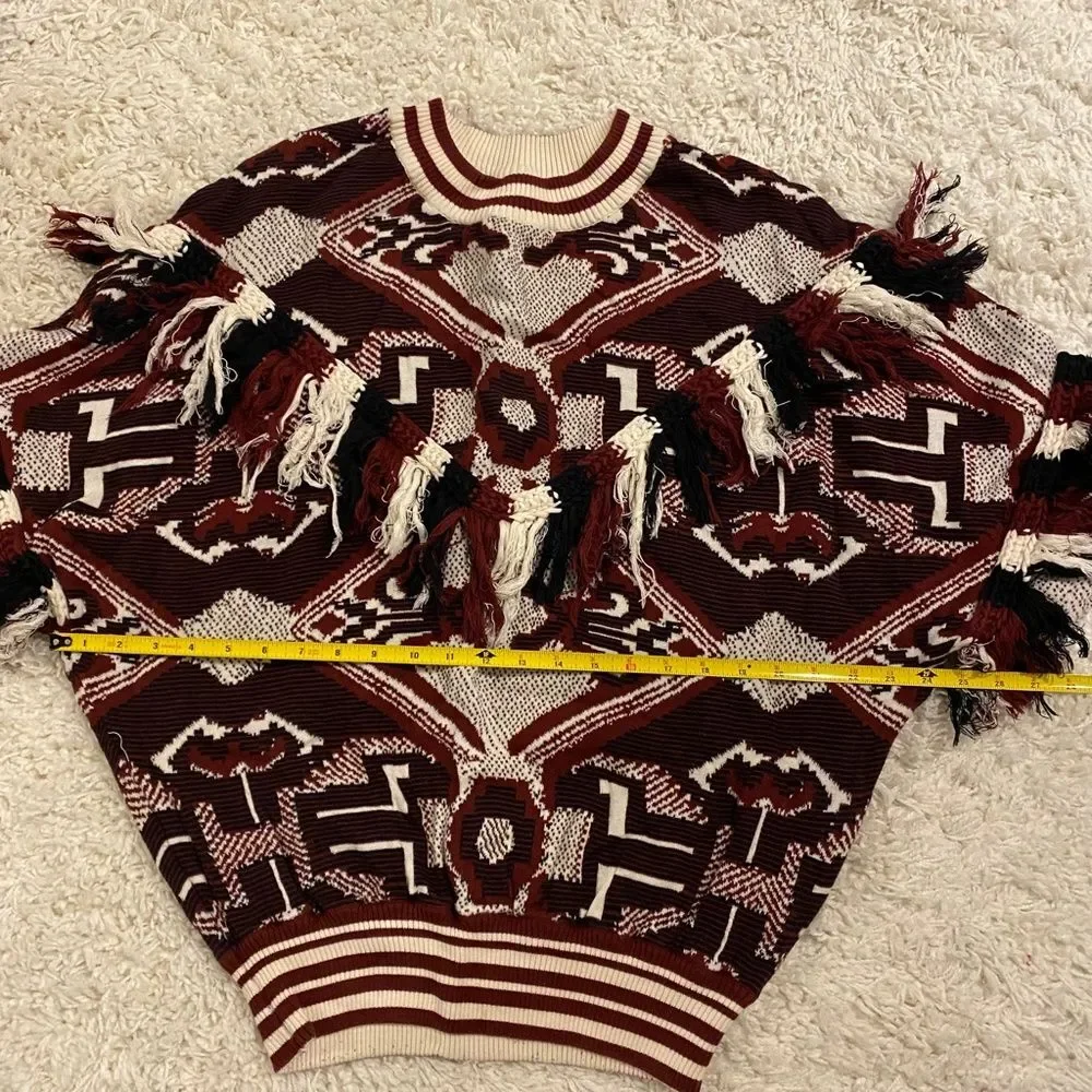 Zara Trafaluc Maroon Cream Aztec Tribal Intarsia Fringe Tassel Sweater Large